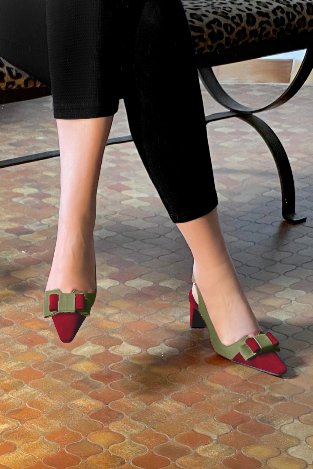 Burgundy red and khaki green women's open back shoes, with a knot. Tapered toe. Low kitten heels. Worn view - Florence KOOIJMAN